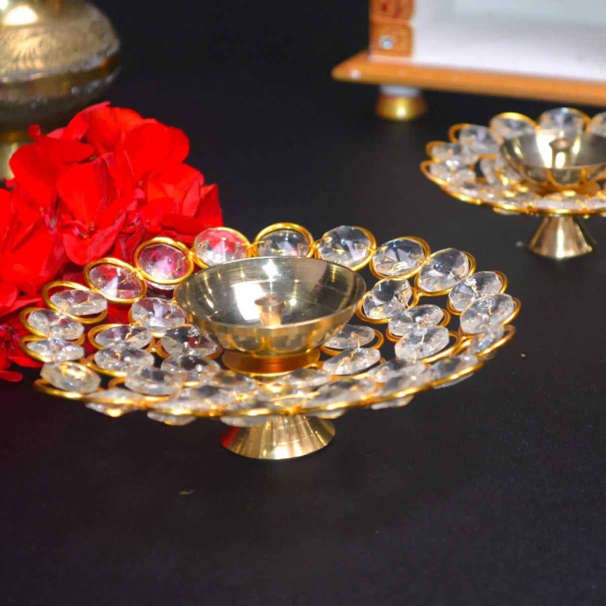 Brass Decorative Diya with Acrylic Glass Floral Design – Diwali Diyas for Puja, Kuthu Vilakku, Home Temple Decor, Deepam, Deepawali Decoration, Lantern, Housewarming Return Gift - LoveNspire