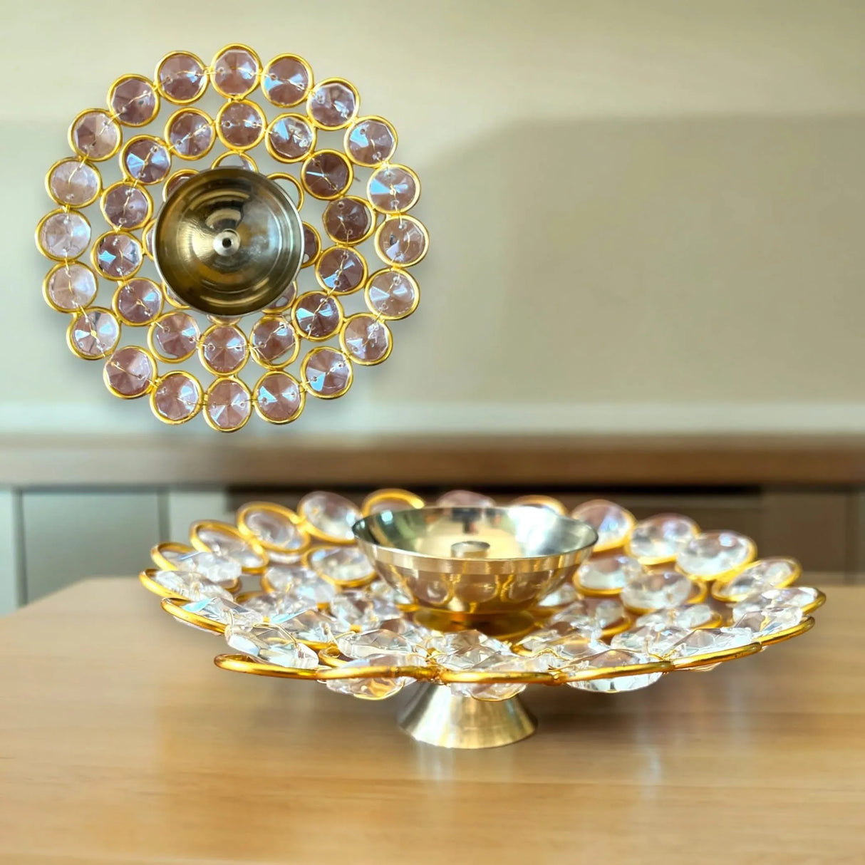 Brass Decorative Diya with Acrylic Glass Floral Design – Diwali Diyas for Puja, Kuthu Vilakku, Home Temple Decor, Deepam, Deepawali Decoration, Lantern, Housewarming Return Gift - LoveNspire