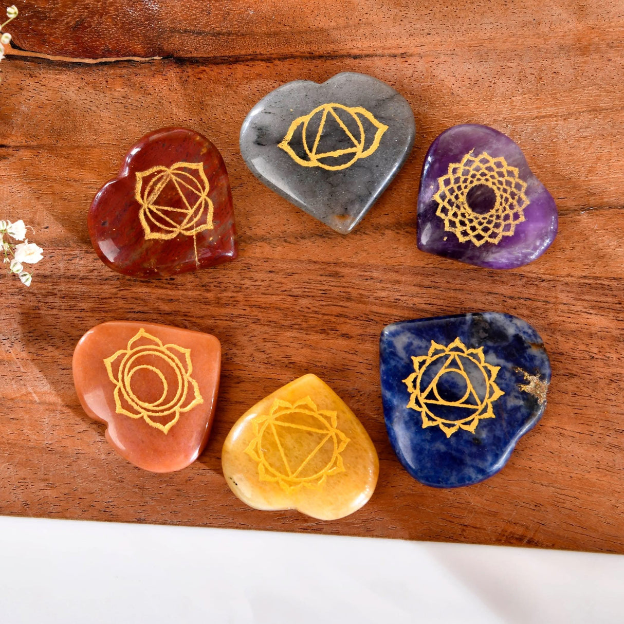 Heart-shaped chakra stones for crystal healing and meditation balance