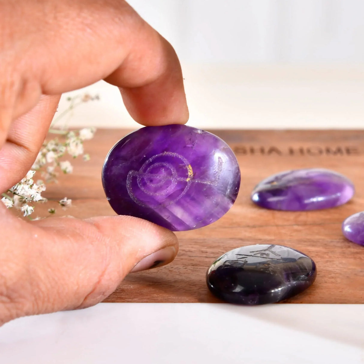 Crystal Reiki Stones with Engraved Symbols Healing Crystals Gemstone Amethyst 7 Chakra Tumbled Polished Palm Pocket Worry Stones - Chakra Balancing Kit for Meditation Yoga - LoveNspire