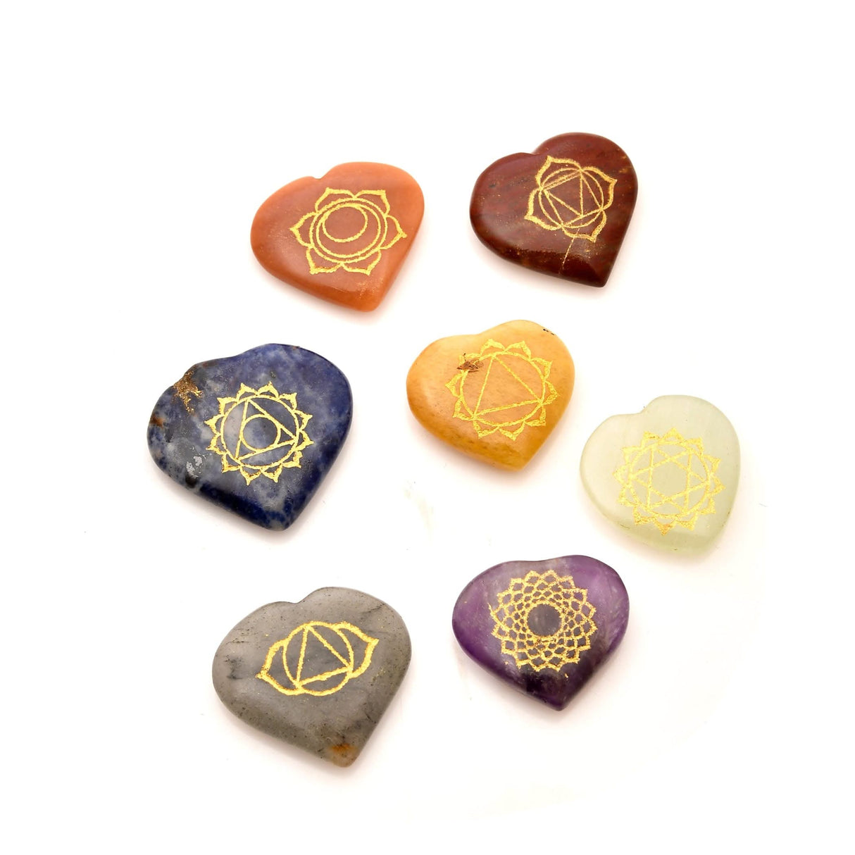 Heart-shaped chakra stones for meditation and crystal healing therapy