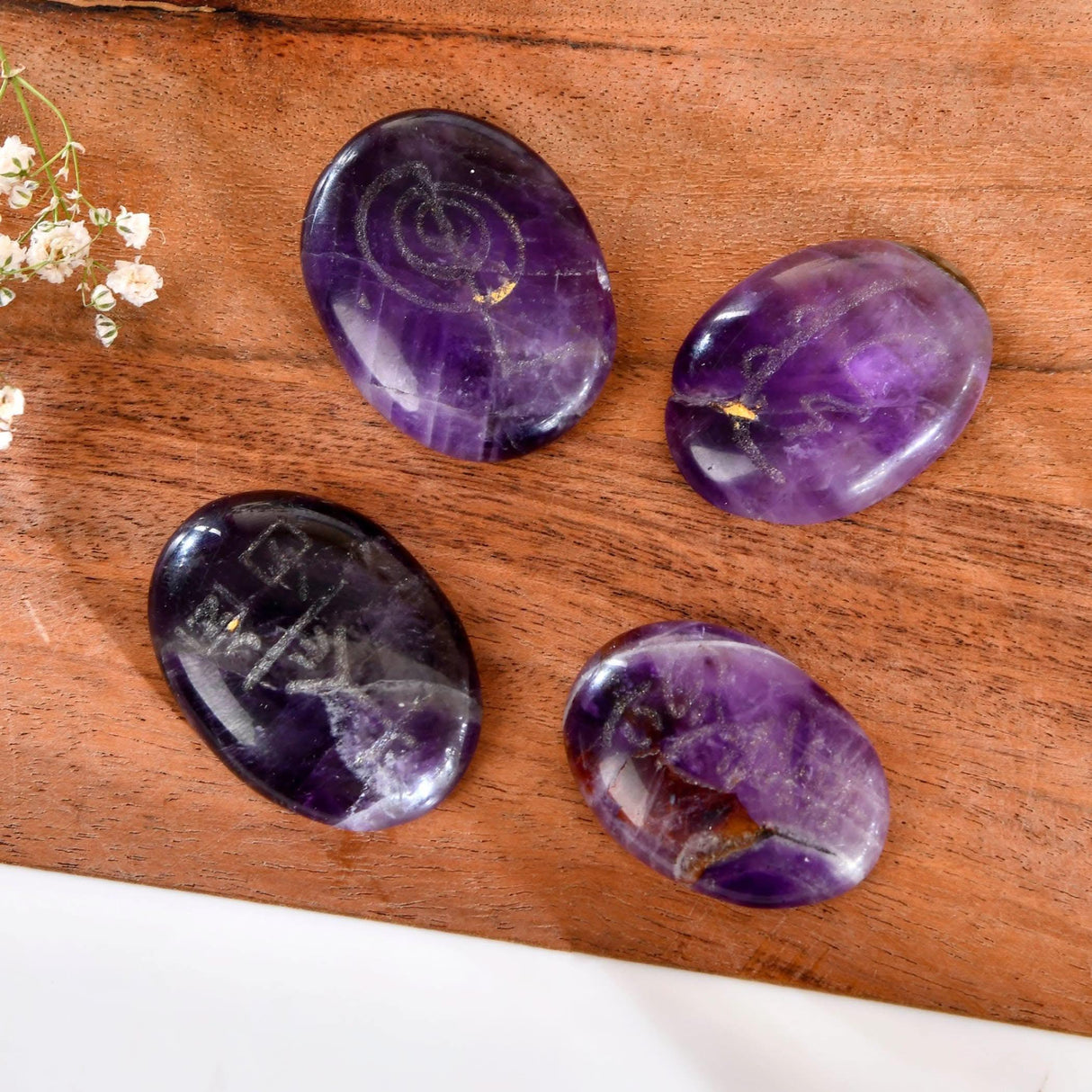 Crystal Reiki Stones with Engraved Symbols Healing Crystals Gemstone Amethyst 7 Chakra Tumbled Polished Palm Pocket Worry Stones - Chakra Balancing Kit for Meditation Yoga - LoveNspire