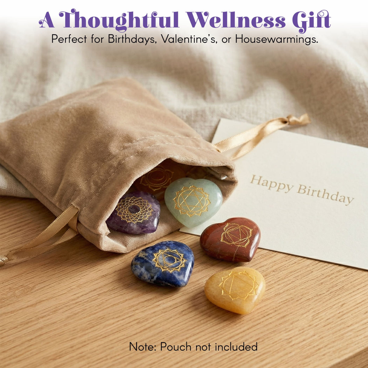 Set of five heart-shaped crystal reiki stones with golden chakra symbols in purple green blue brown and yellow gemstones