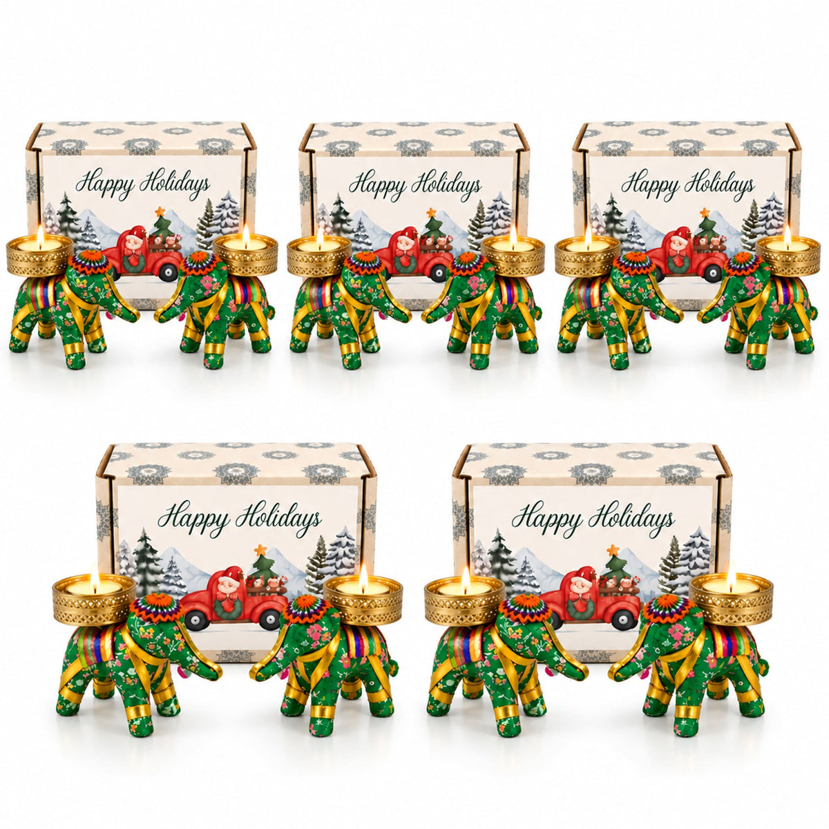 Gift box with green and gold elephant-shaped tealight candle holders featuring festive designs for Diwali and celebrations