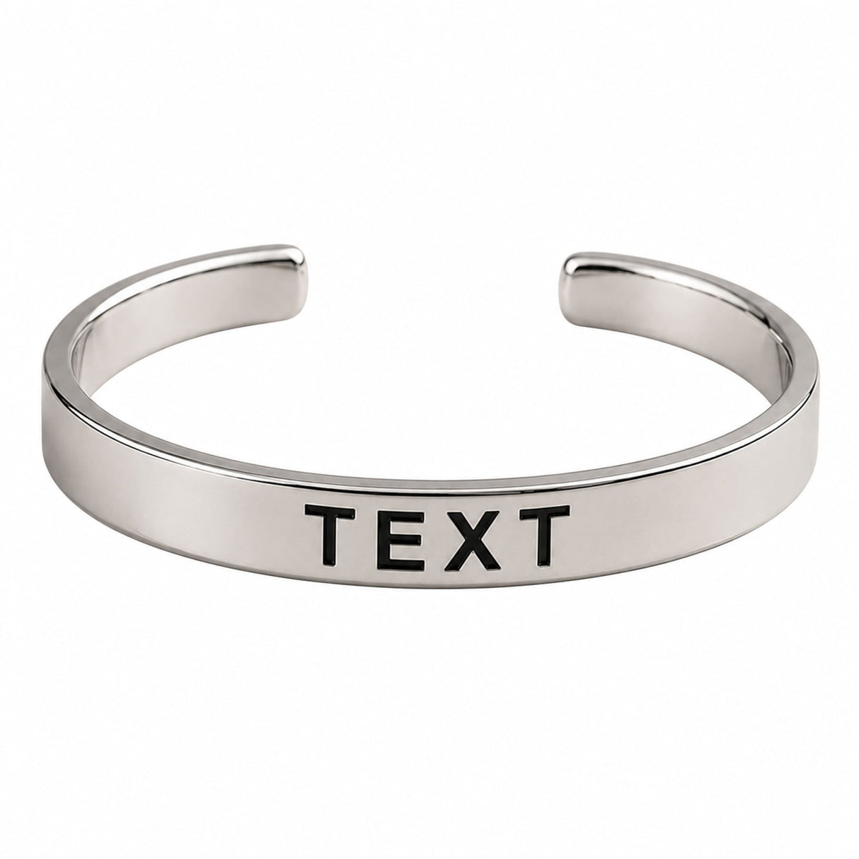 Silver-toned open cuff bracelet with smooth polished finish and engraved black text personalized for birthdays and anniversaries