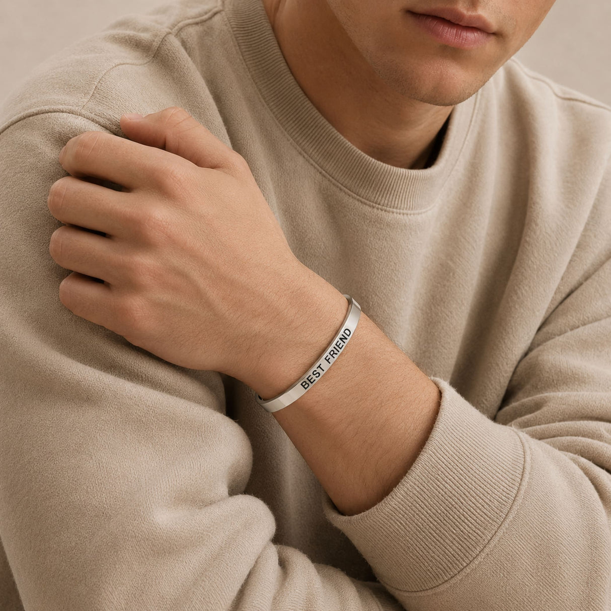 Silver best friend cuff bracelet engraved with custom name adjustable open bangle minimalist gift for men and women