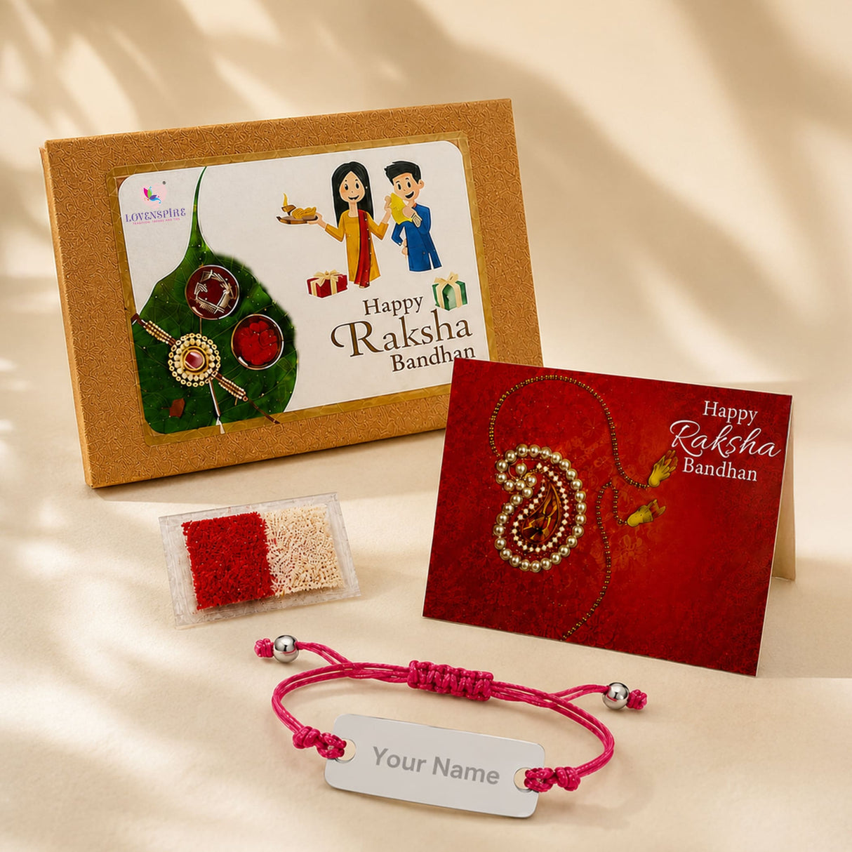 Personalized pink braided stainless steel name rakhi with silver beads and white nameplate for brother gift hamper