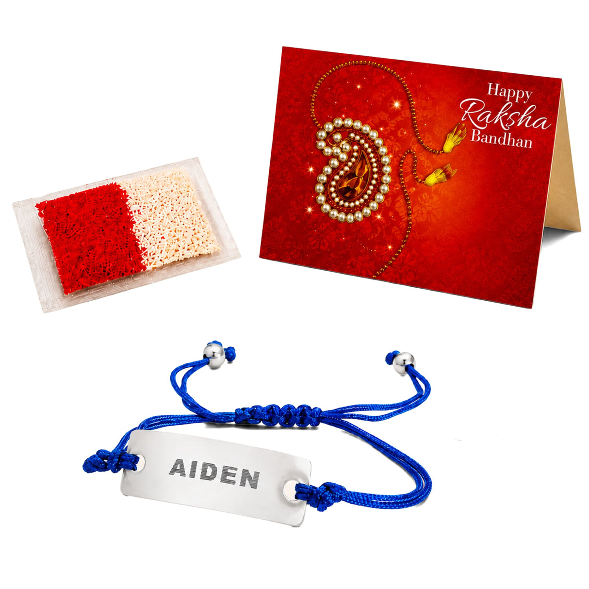 Blue braided cord personalized stainless steel name rakhi bracelet engraved with aiden for raksha bandhan gift