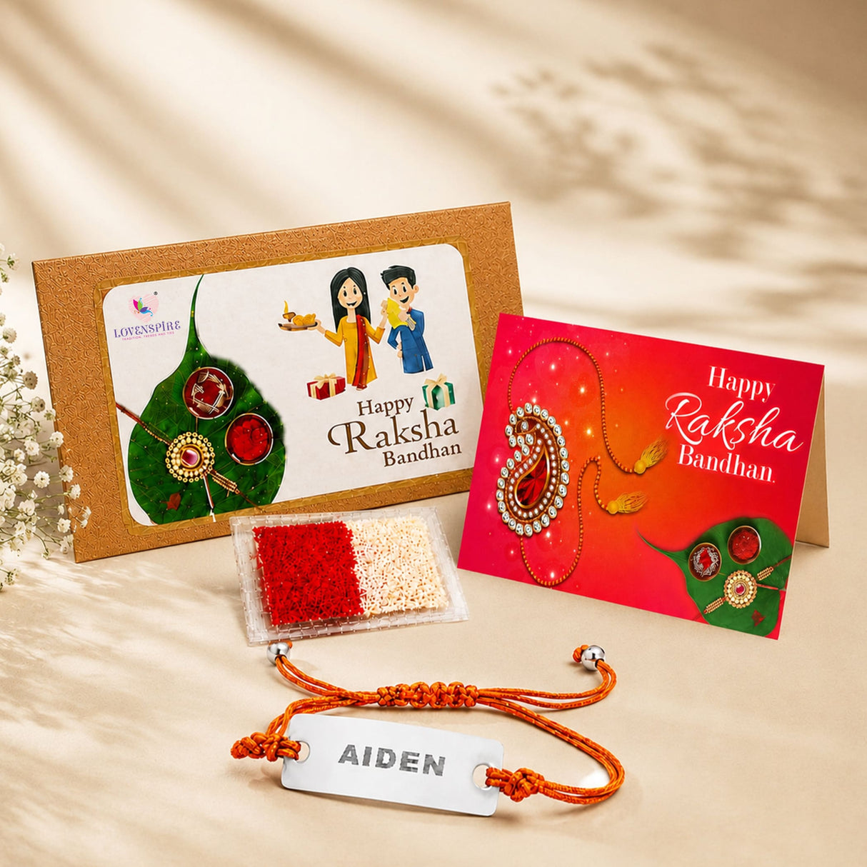 Orange braided cord personalized stainless steel name rakhi bracelet engraved with aiden for Indian Raksha Bandhan gift