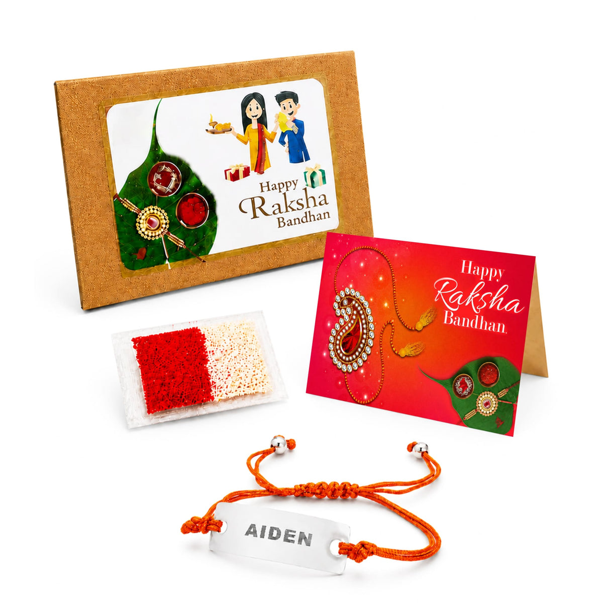 Personalized orange braided cord bracelet with a stainless steel silver plate engraved with the name Aiden for Raksha Bandhan