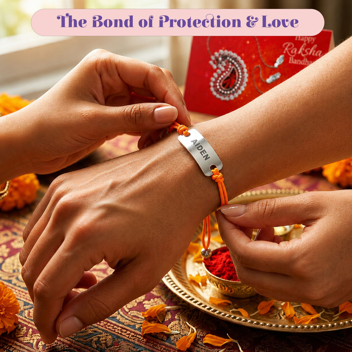 Personalized stainless steel name rakhi bracelet in orange braided cord engraved with aiden for brother gift hamper