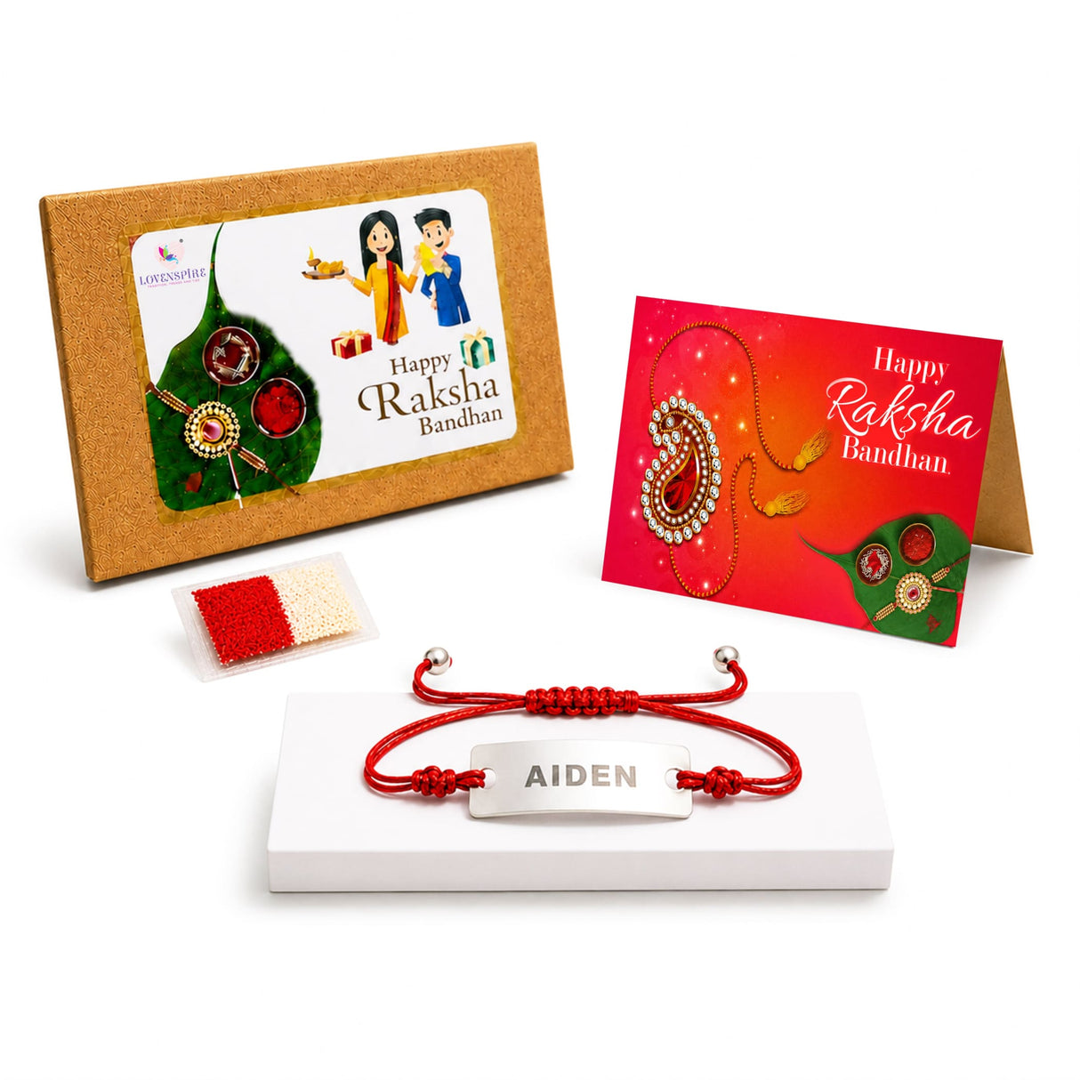 Personalized stainless steel name rakhi with a red braided cord and engraved silver plate for brother gift hamper