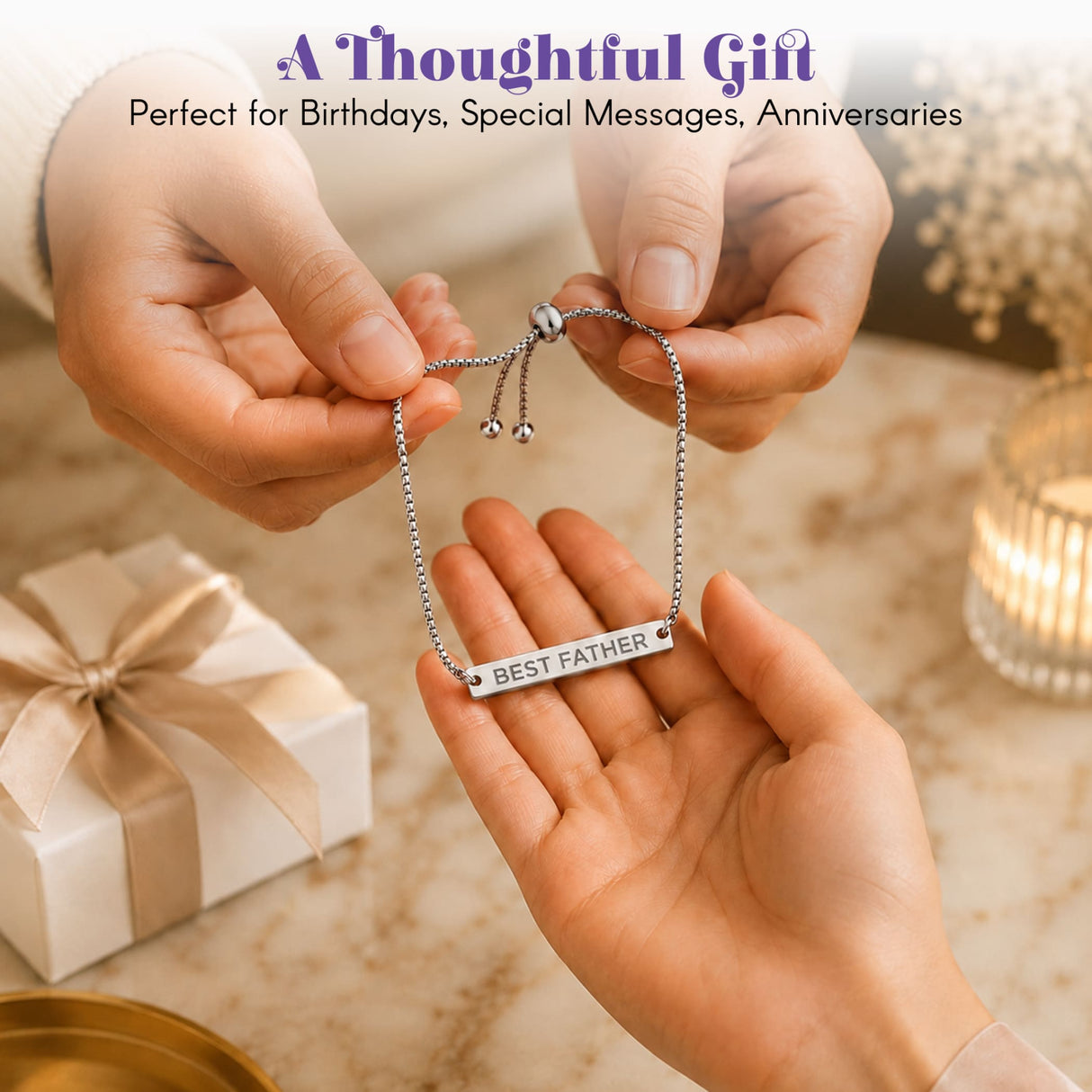 Silver best father bracelet with adjustable chain and engraved metal bar for personalized minimalist gift
