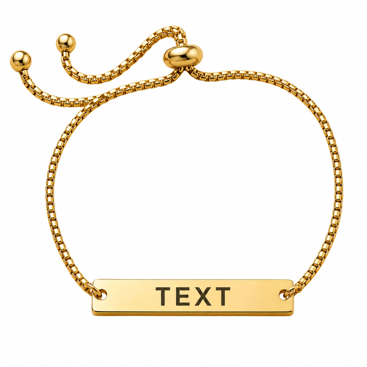 Gold-toned adjustable string bracelet with engraved rectangular metal bar charm personalized with text for gift giving