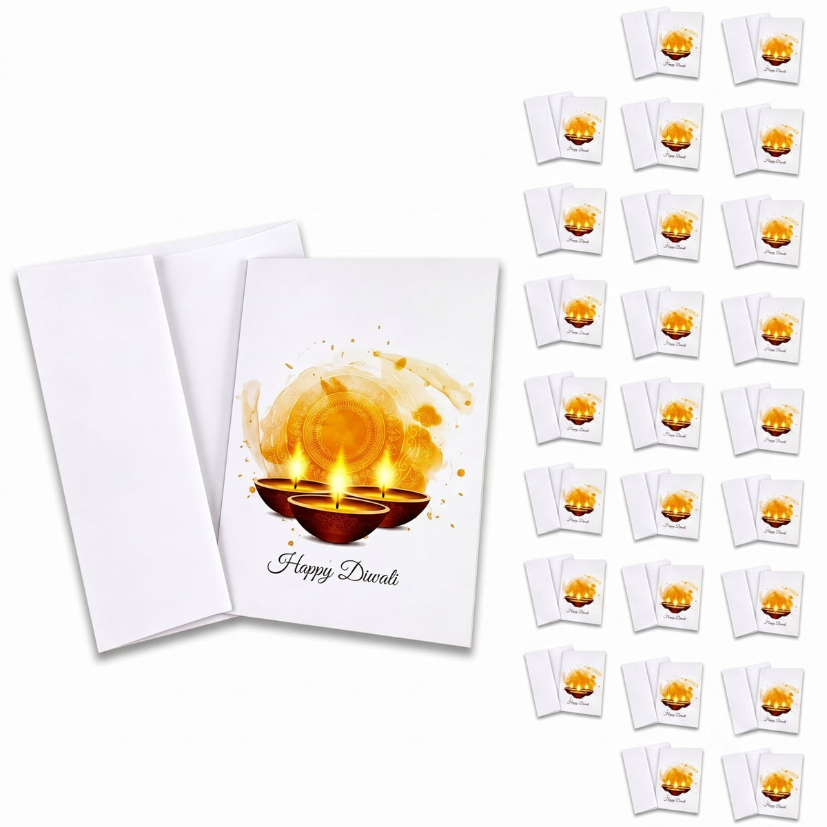 White printed paper greeting card with vibrant golden Diwali diya design and black happy Diwali text for festival gifting