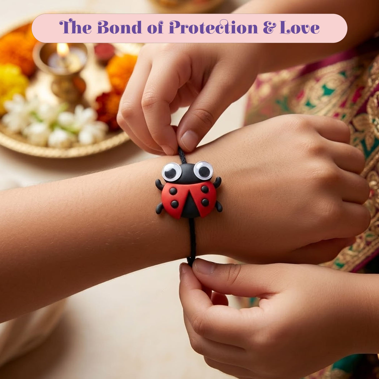 A red and black ladybug-shaped cartoon animal rakhi made of soft clay for kids as a protective raksha bandhan gift