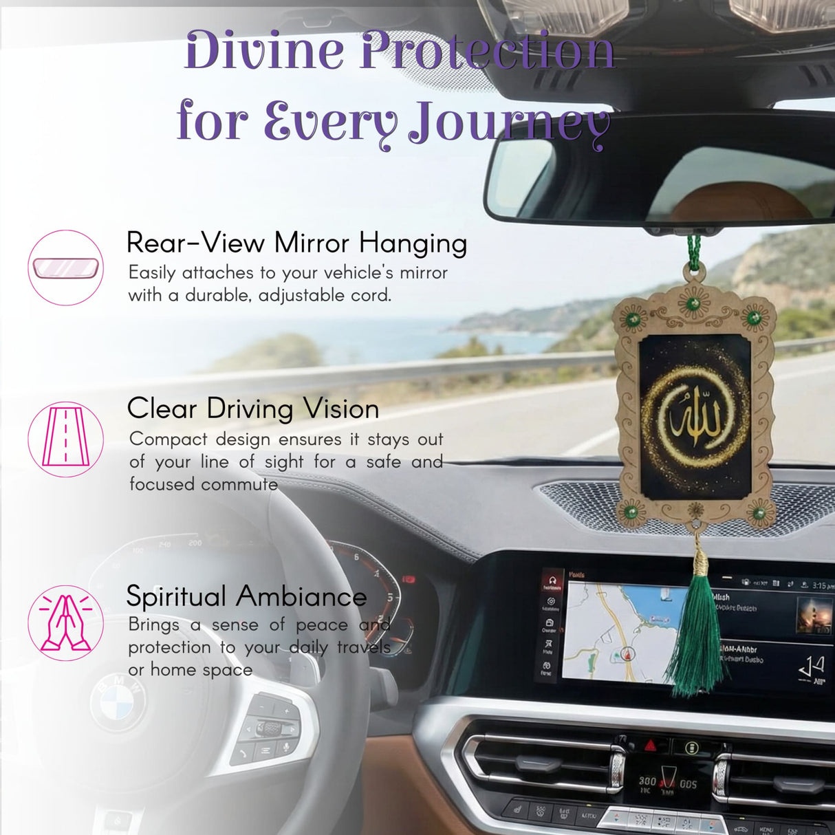 Islamic Allah car rear mirror hanging ornament with gold script and gems