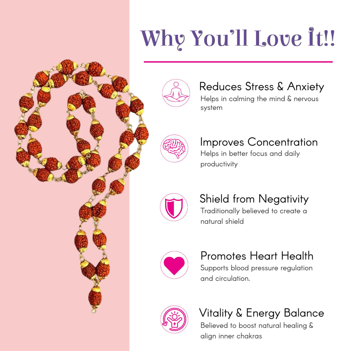 Red 5-face rudraksha mala with gold-toned spacers