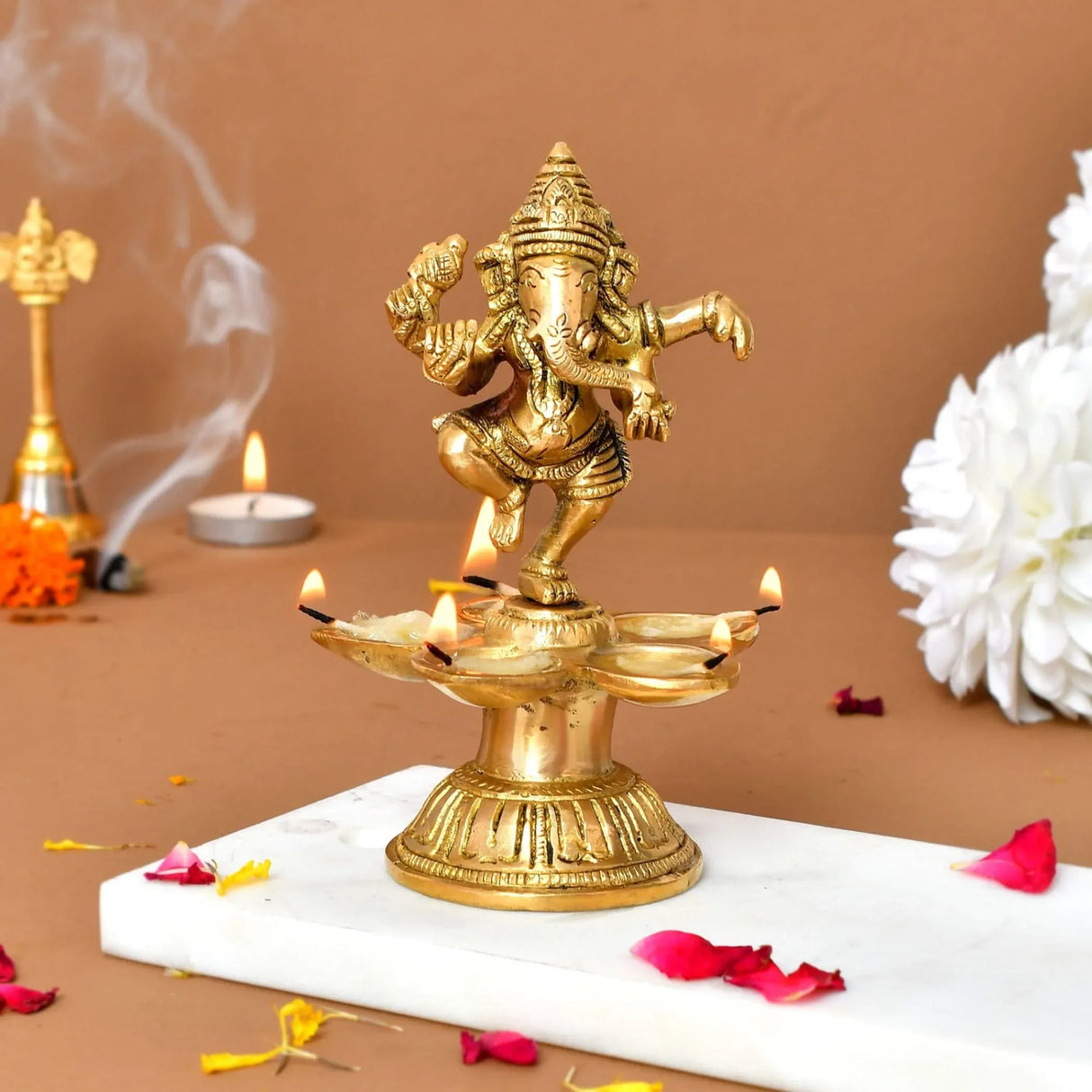 Dancing Ganesha Solid Brass Diya Deepam Vilakku Samai Oil Lamp with Base Home Pooja Room Diwali Decorations Mandir Temple Ganesha Akhand Diya Hindu Puja Religious Deepawali Return Gift - LoveNspire