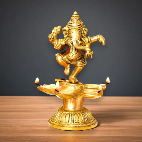 Dancing Ganesha Solid Brass Diya Deepam Vilakku Samai Oil Lamp with Base Home Pooja Room Diwali Decorations Mandir Temple Ganesha Akhand Diya Hindu Puja Religious Deepawali Return Gift - LoveNspire