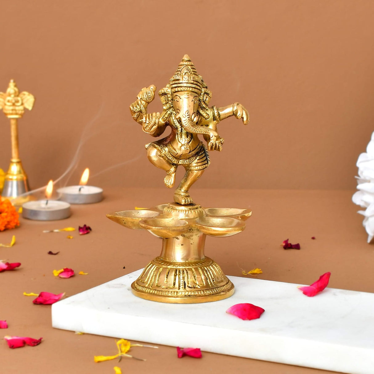 Dancing Ganesha Solid Brass Diya Deepam Vilakku Samai Oil Lamp with Base Home Pooja Room Diwali Decorations Mandir Temple Ganesha Akhand Diya Hindu Puja Religious Deepawali Return Gift - LoveNspire