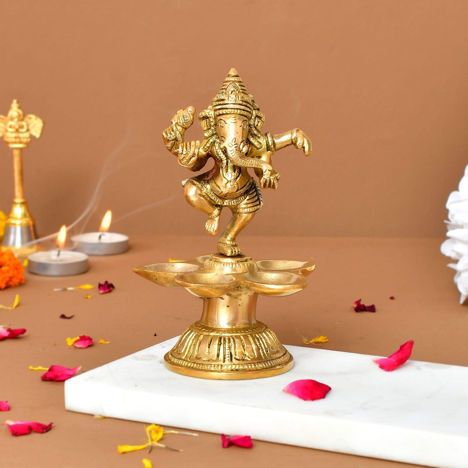 Dancing Ganesha Solid Brass Diya Deepam Vilakku Samai Oil Lamp with Base Home Pooja Room Diwali Decorations Mandir Temple Ganesha Akhand Diya Hindu Puja Religious Deepawali Return Gift - LoveNspire