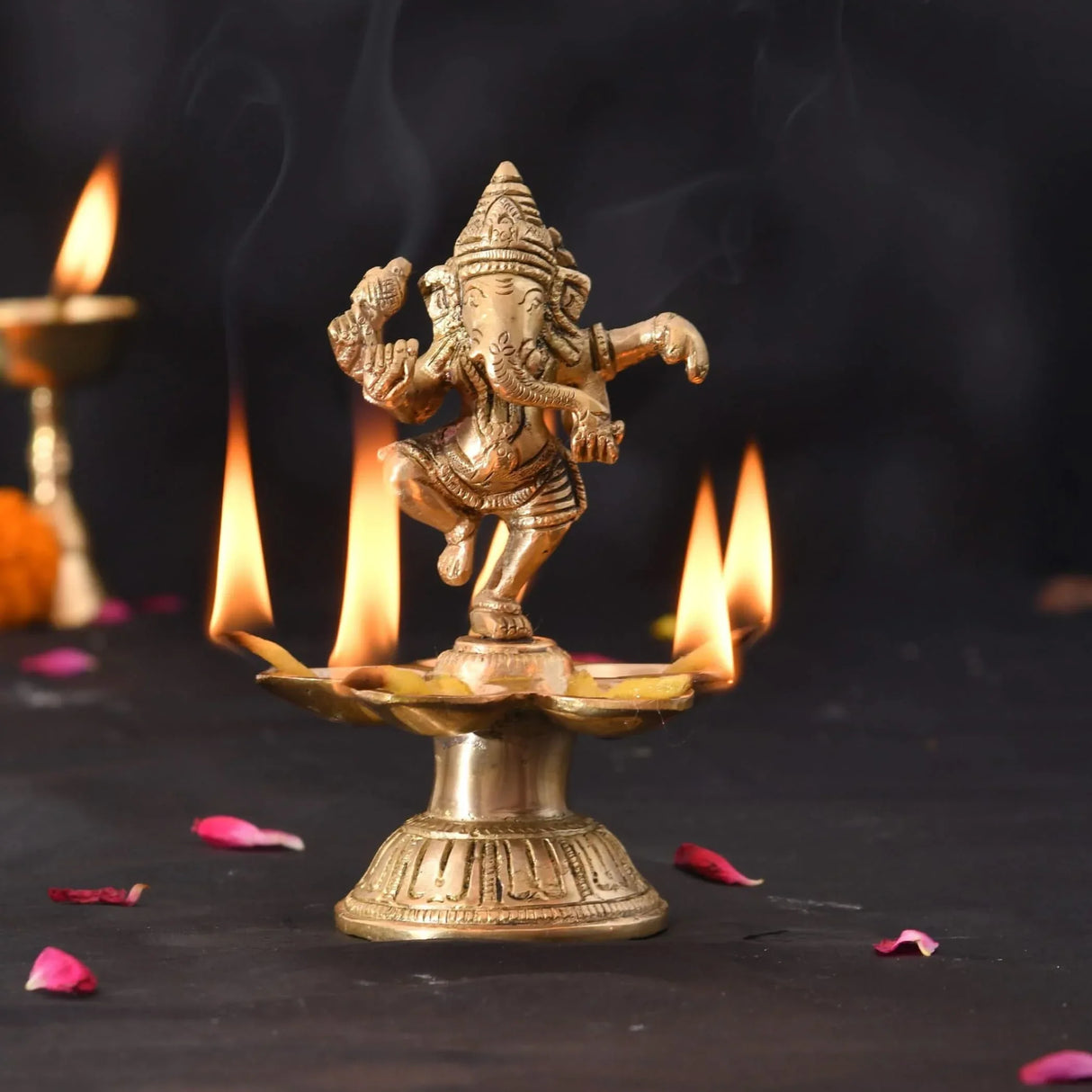 Dancing Ganesha Solid Brass Diya Deepam Vilakku Samai Oil Lamp with Base Home Pooja Room Diwali Decorations Mandir Temple Ganesha Akhand Diya Hindu Puja Religious Deepawali Return Gift - LoveNspire