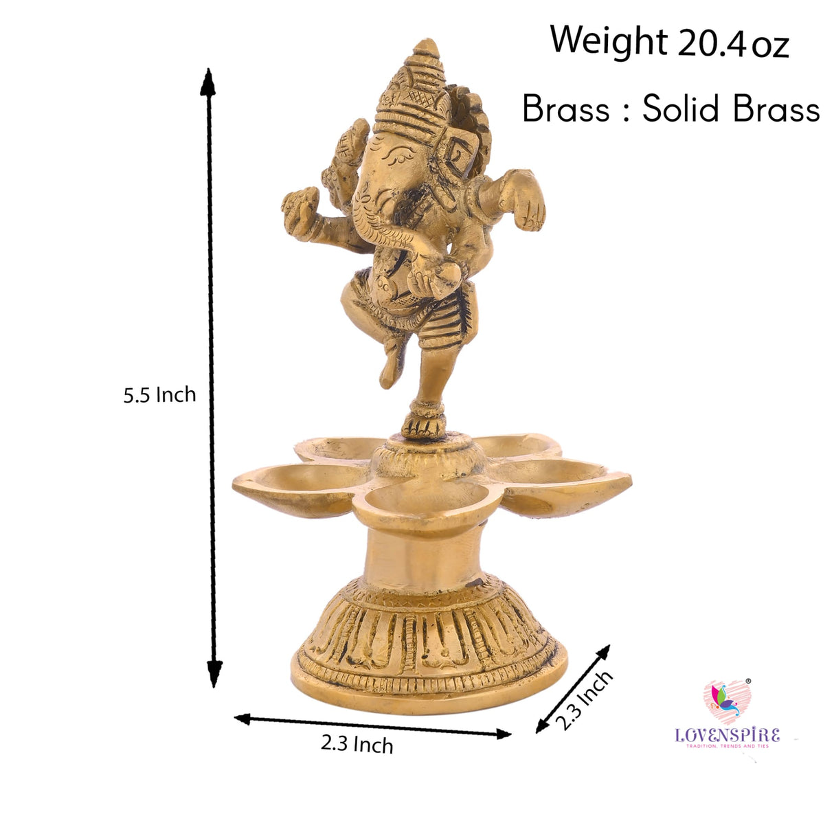 Dancing Ganesha Solid Brass Diya Deepam Vilakku Samai Oil Lamp with Base Home Pooja Room Diwali Decorations Mandir Temple Ganesha Akhand Diya Hindu Puja Religious Deepawali Return Gift - LoveNspire