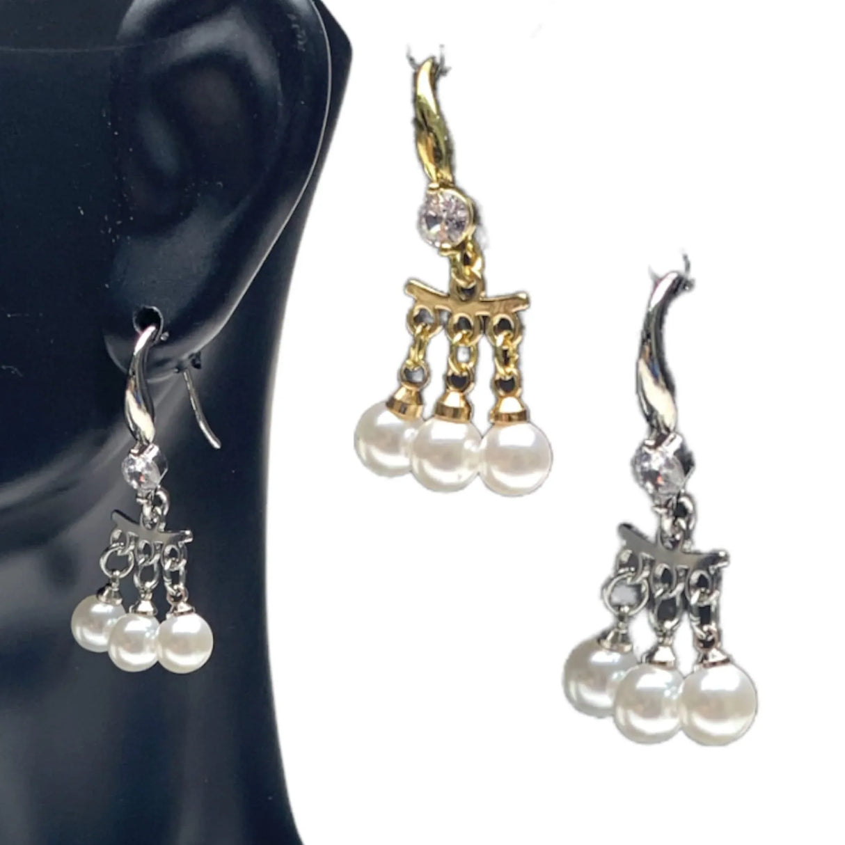 Dangle Earrings for Women - Small Teardrop Earring with White Faux Pearl Three Pearls Leverback Dangle Earrings Trendy Bollywood Style Upscale Dangly Earrings - Birthday Gift for Her - LoveNspire