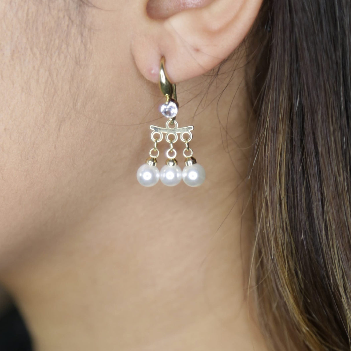 Dangle Earrings for Women - Small Teardrop Earring with White Faux Pearl Three Pearls Leverback Dangle Earrings Trendy Bollywood Style Upscale Dangly Earrings - Birthday Gift for Her - LoveNspire