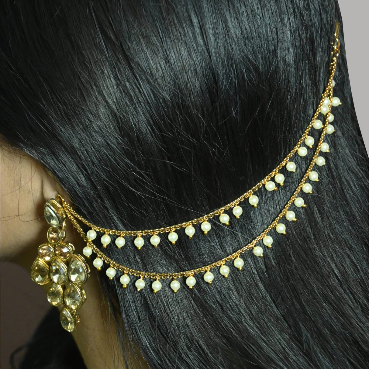 Indian Traditional Ear Chains for Women - Indian Jewellery for Earring Support Double Layered Long Gold Tone Earring Chain Ear to Hair Chain Jewelry Faux Pearl Hair Accessory Bridal Jewelry - LoveNspire