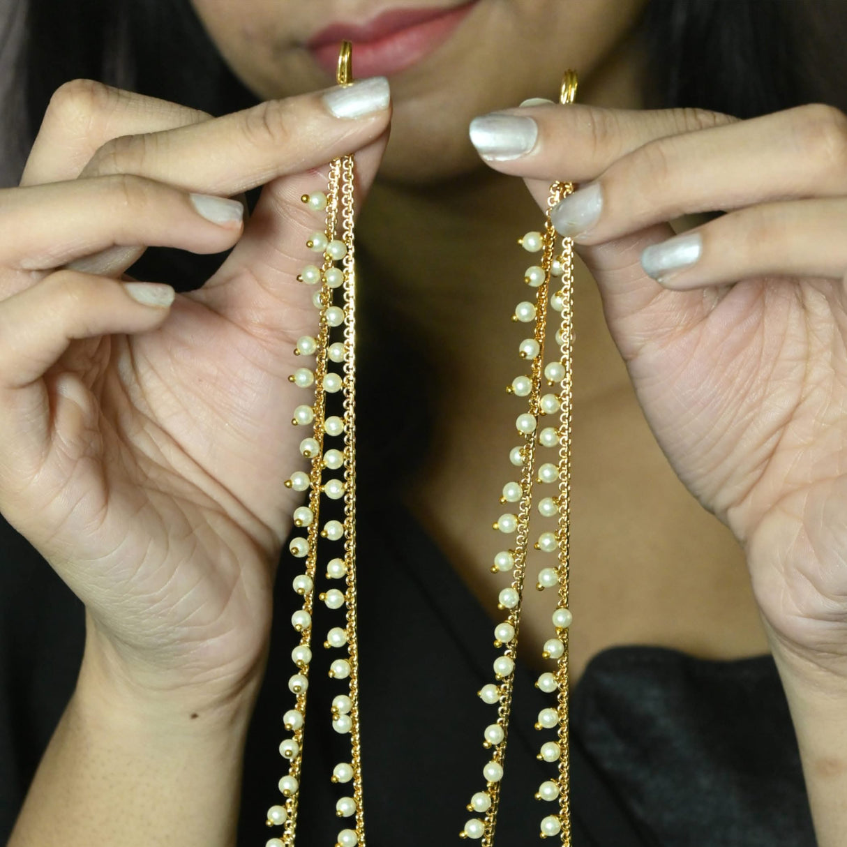 Indian Traditional Ear Chains for Women - Indian Jewellery for Earring Support Double Layered Long Gold Tone Earring Chain Ear to Hair Chain Jewelry Faux Pearl Hair Accessory Bridal Jewelry - LoveNspire