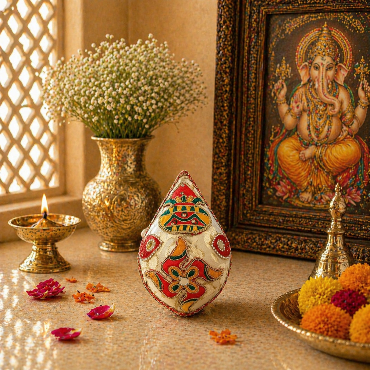A decorative teardrop-shaped white shriphal mangal kalash coconut adorned with intricate red green and gold patterns for wedding and pooja use