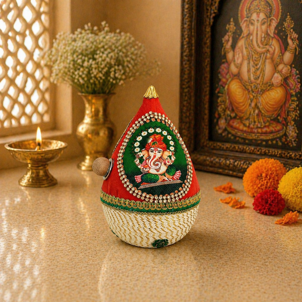 Shriphal mangal kalash decorated coconut with red and green embroidered ganesha theme and beaded trim for wedding decor