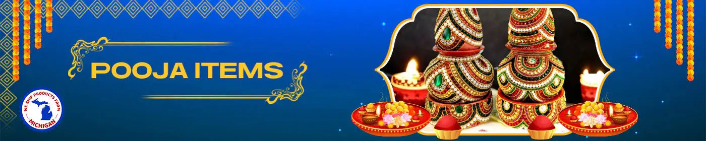 Decorative banner with ’POOJA ITEMS’ text and traditional Indian religious elements.