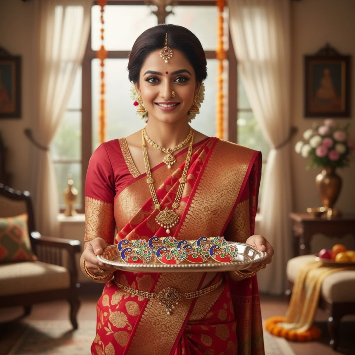 Smiling woman in red silk saree holding tray of decorated cookies for Indian festival