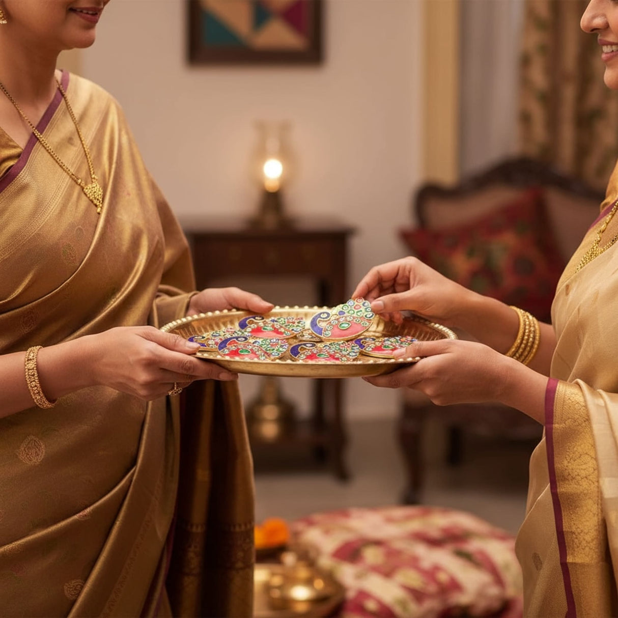 Golden tray with colorful peacock-decorated round cookies for Indian festival celebrations
