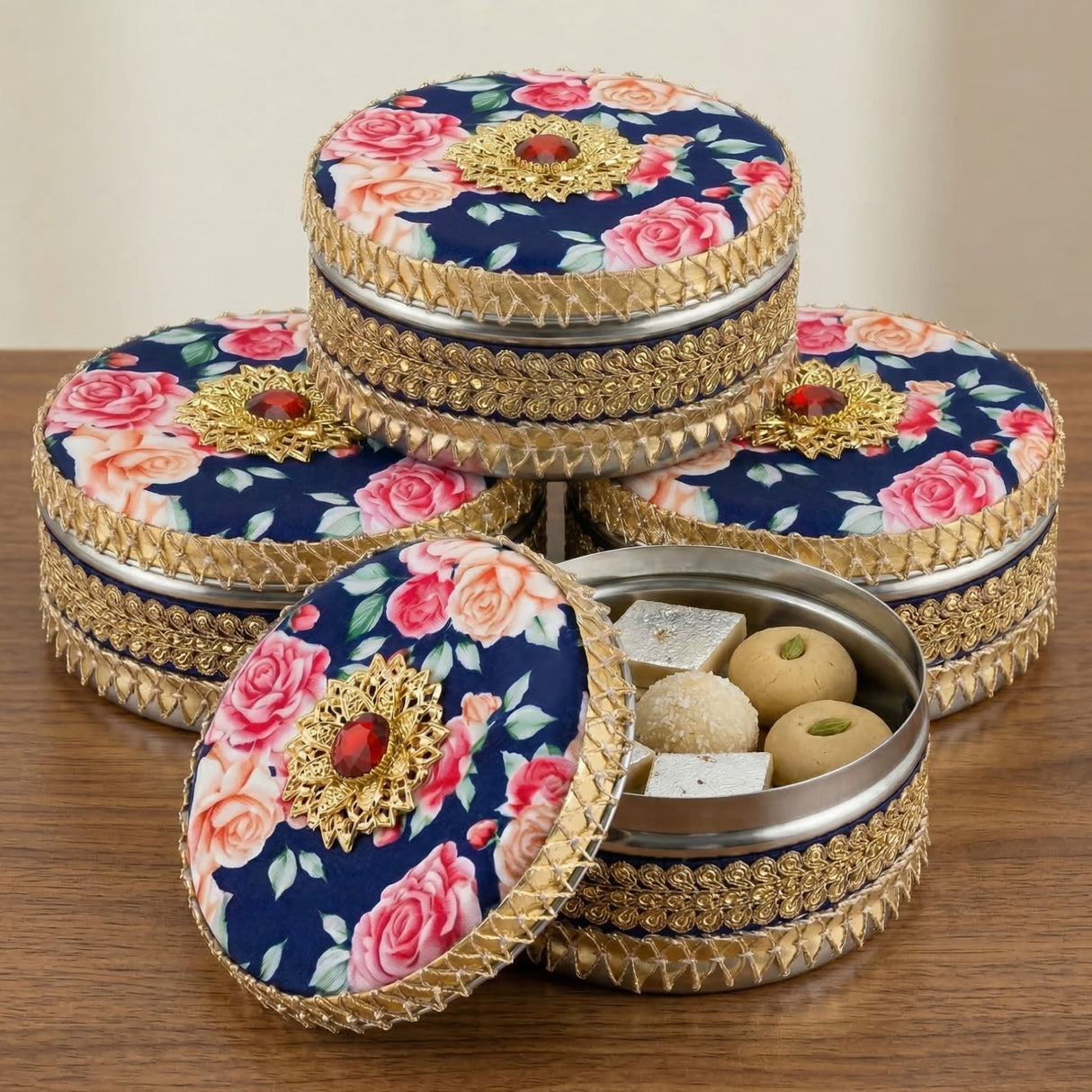 Blue floral round tin ladoo box with gold trim, red gem, 400g sweets