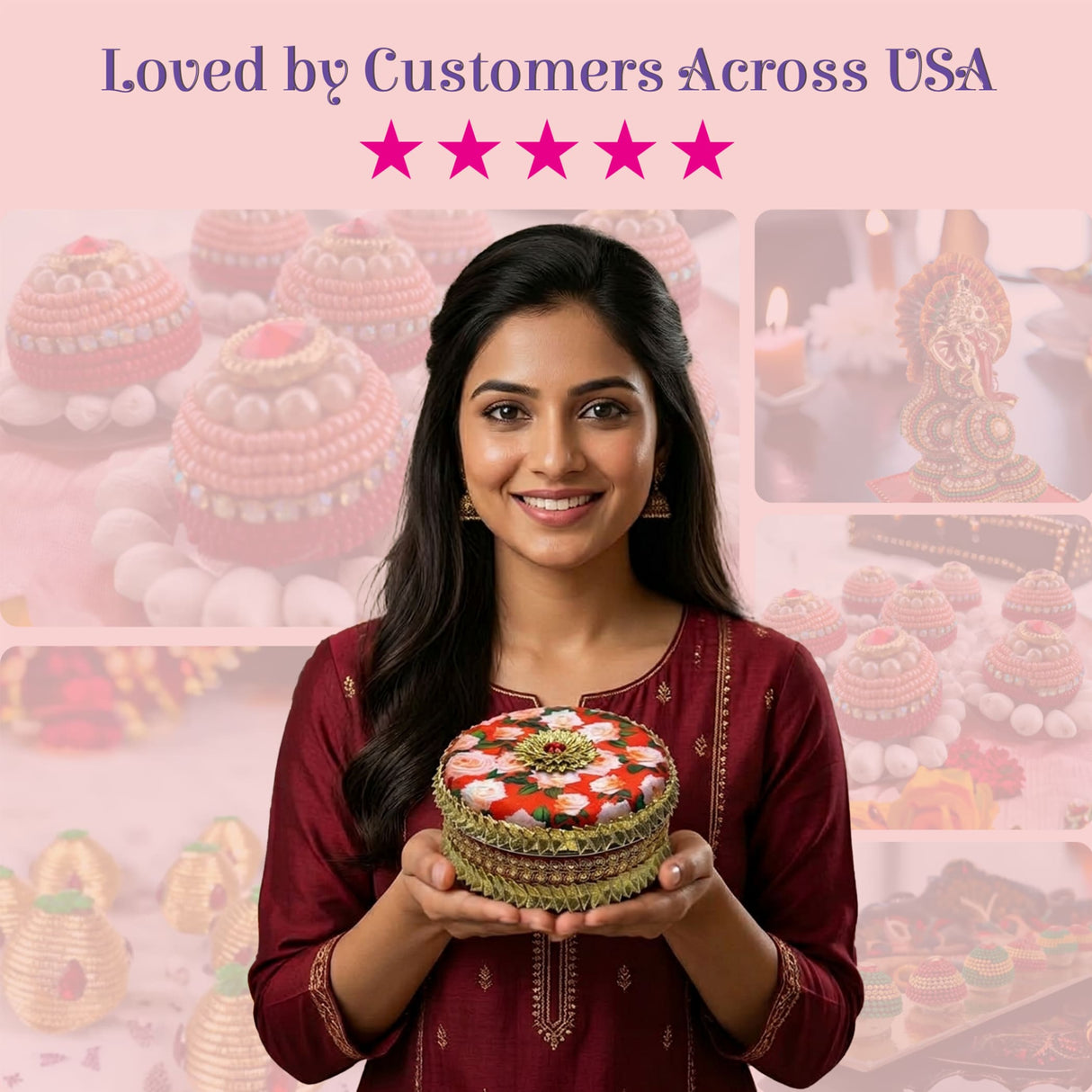 Ornate red white floral gotta steel ladoo box 400g wedding gift