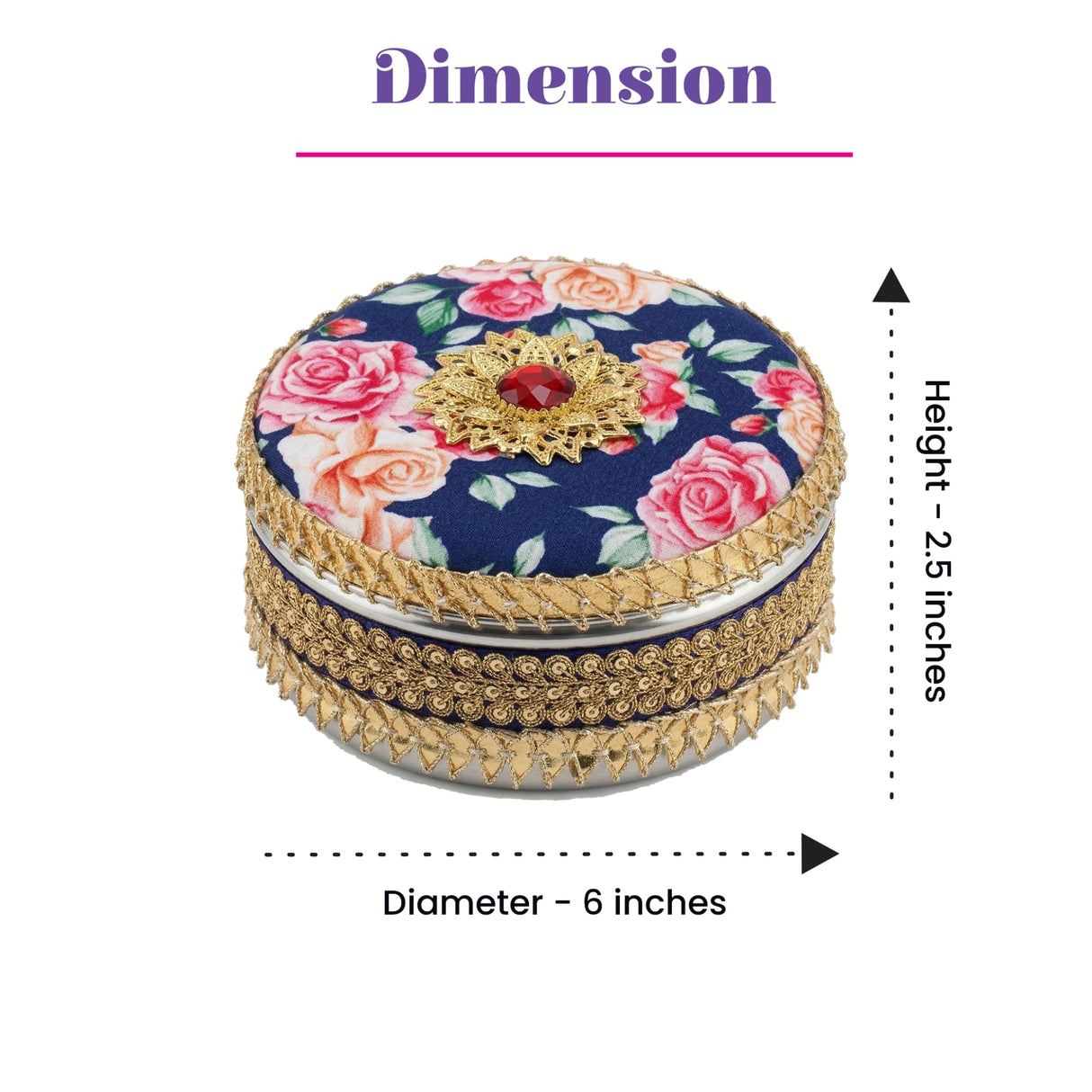 Navy blue gotta steel ladoo box with roses, gold lace, red gem, 400g shagun gift