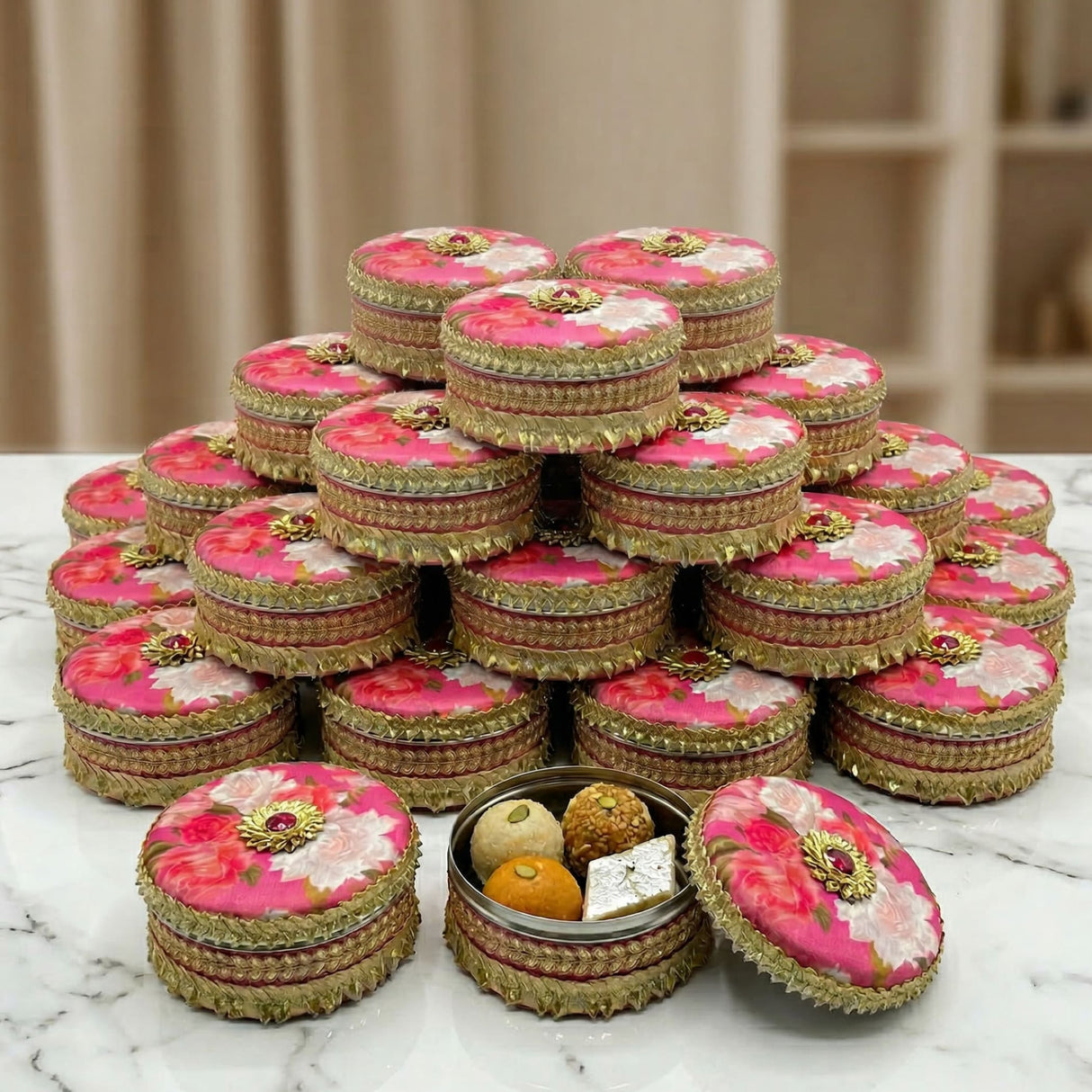 Pink floral gotta steel ladoo boxes with gold trim, pyramid stack, 400g wedding gift