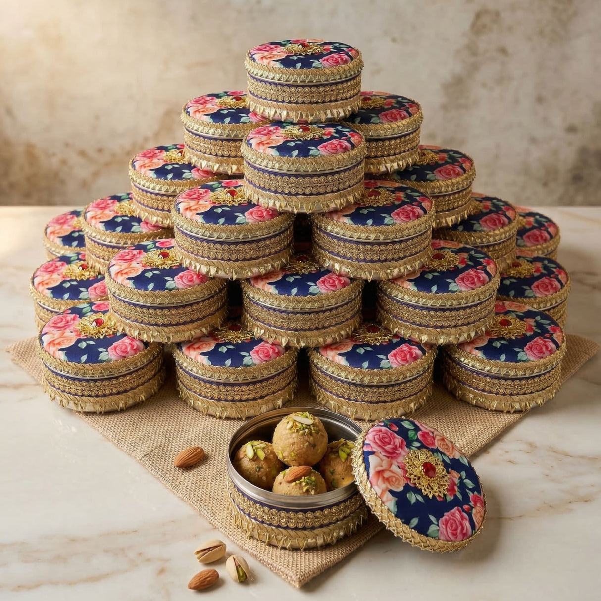 Stacked navy blue floral Gotta Steel Ladoo Box pyramid with pistachio sweets