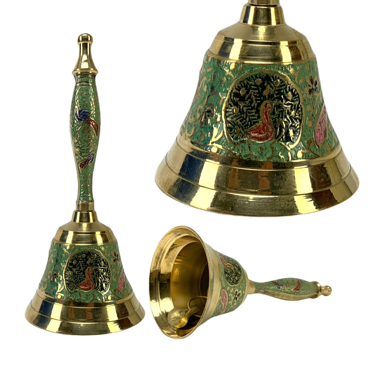 Decorative Peacock Temple Bells Brass Puja Ghanti Hindu Mandir Bell Coloured Pooja Jingle Bells Indian Home Decor Hand Painted Bell Housewarming Gift - LoveNspire