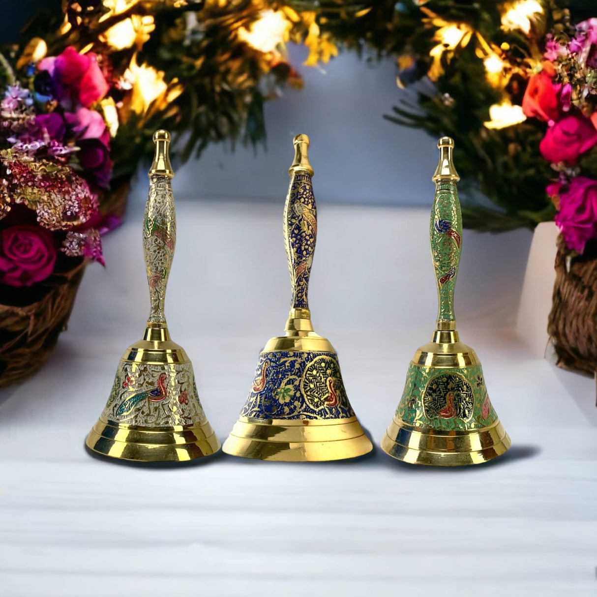 Decorative Peacock Temple Bells Brass Puja Ghanti Hindu Mandir Bell Coloured Pooja Jingle Bells Indian Home Decor Hand Painted Bell Housewarming Gift - LoveNspire