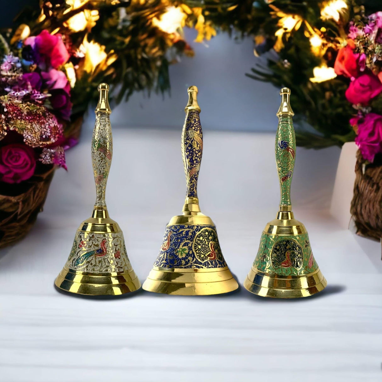 Decorative Peacock Temple Bells Brass Puja Ghanti Hindu Mandir Bell Coloured Pooja Jingle Bells Indian Home Decor Hand Painted Bell Housewarming Gift - LoveNspire