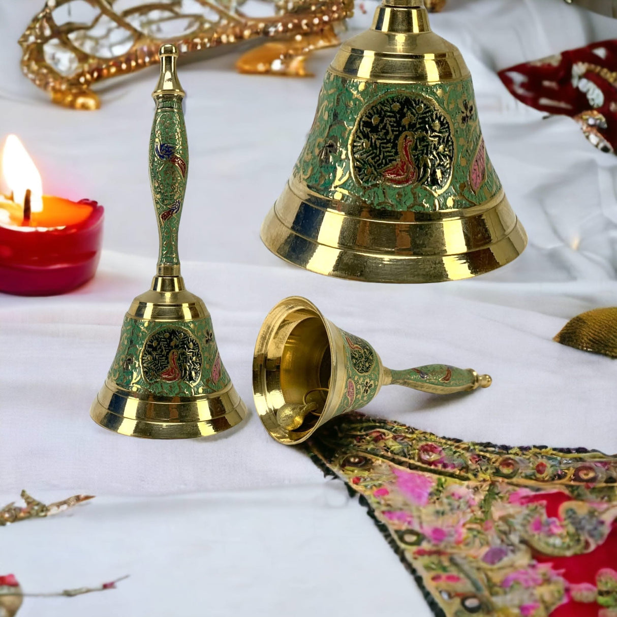 Decorative Peacock Temple Bells Brass Puja Ghanti Hindu Mandir Bell Coloured Pooja Jingle Bells Indian Home Decor Hand Painted Bell Housewarming Gift - LoveNspire