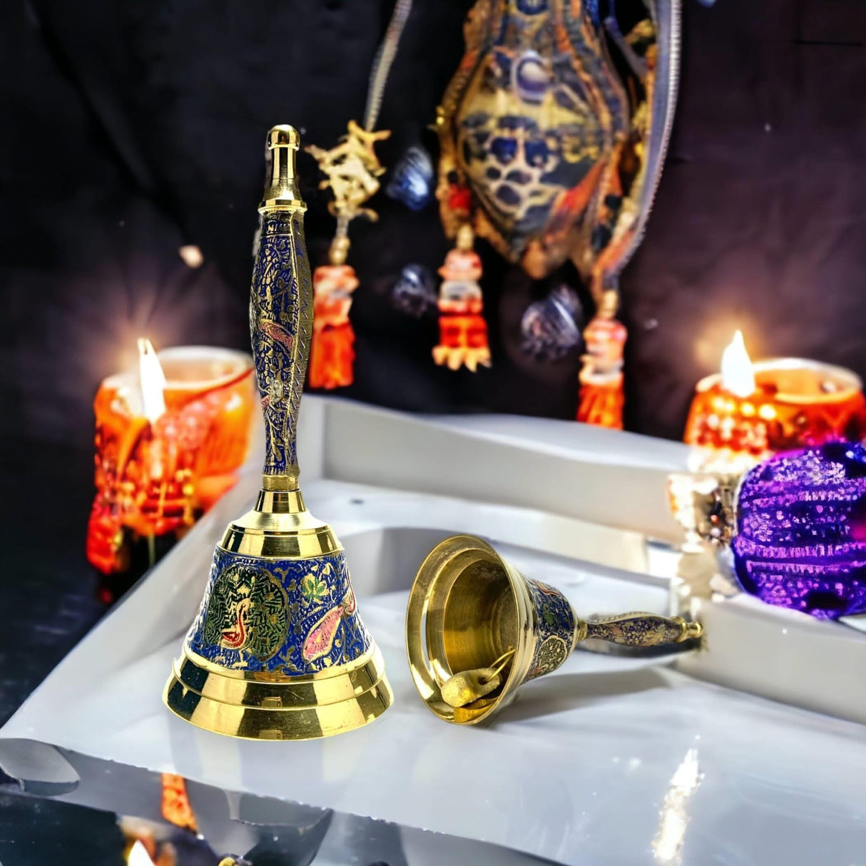 Decorative Peacock Temple Bells Brass Puja Ghanti Hindu Mandir Bell Coloured Pooja Jingle Bells Indian Home Decor Hand Painted Bell Housewarming Gift - LoveNspire