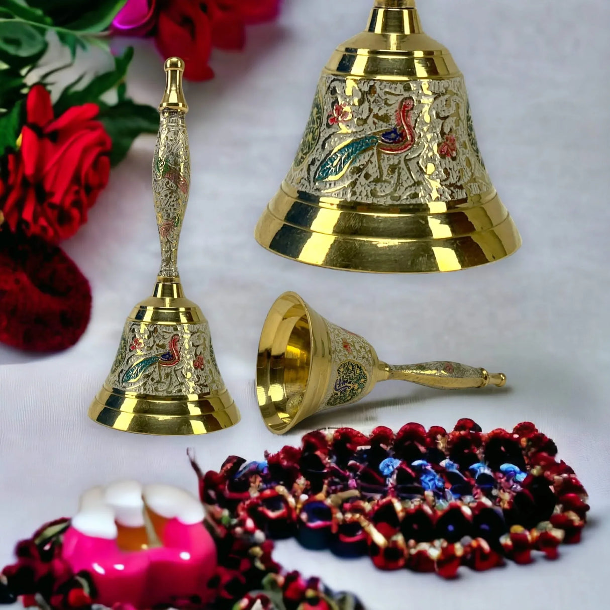 Decorative Peacock Temple Bells Brass Puja Ghanti Hindu Mandir Bell Coloured Pooja Jingle Bells Indian Home Decor Hand Painted Bell Housewarming Gift - LoveNspire