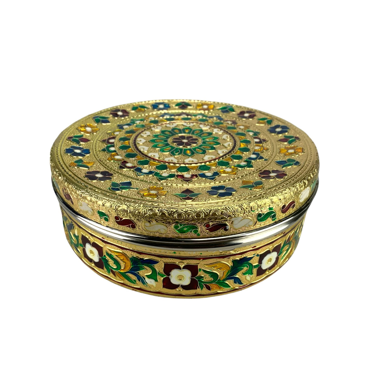 7.5 Inches Decorative Roti Papad Box Stainless Steel Small Sweet Storage Box Meenakari Container Laddu Box Spice Storage Unique Multipurpose Box Gift for Guest - LoveNspire