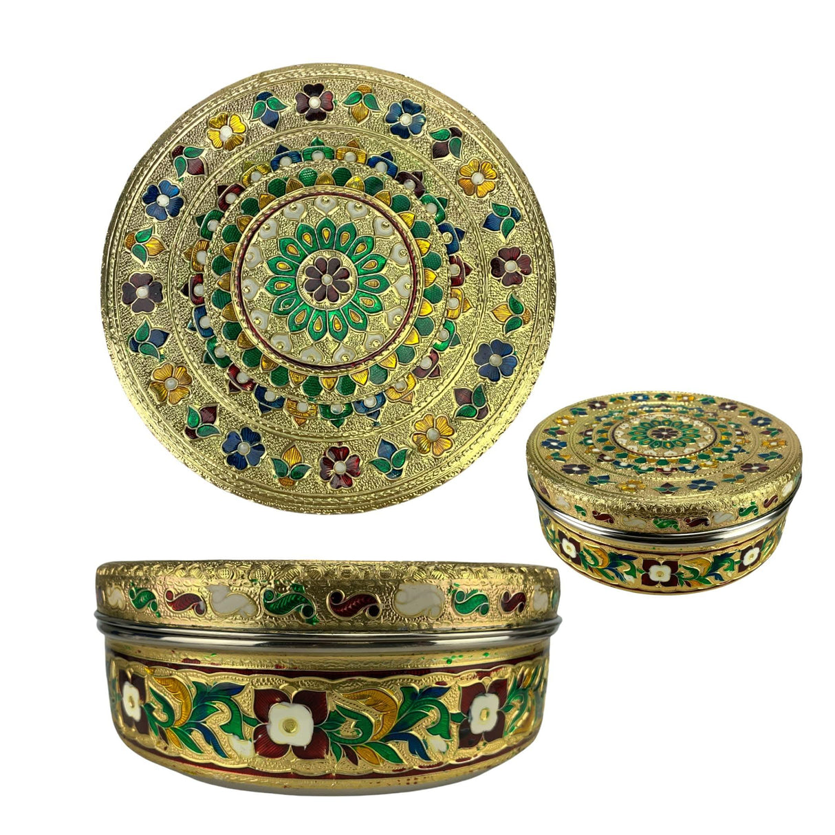7.5 Inches Decorative Roti Papad Box Stainless Steel Small Sweet Storage Box Meenakari Container Laddu Box Spice Storage Unique Multipurpose Box Gift for Guest - LoveNspire